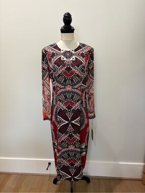 Etcetera Brick Red Paisley-Print Long Sleeve Midi length Dress